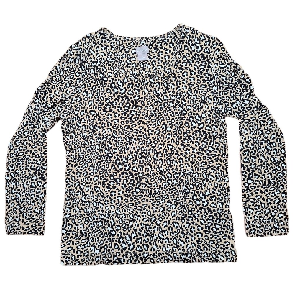Chico's Leopard Print Top Women's Size Medium Long Sleeve Pullover Animal Print